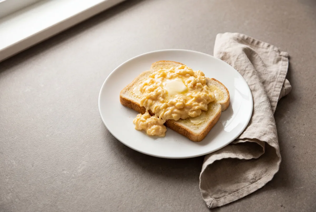 Soft Scrambled Eggs on White Toast