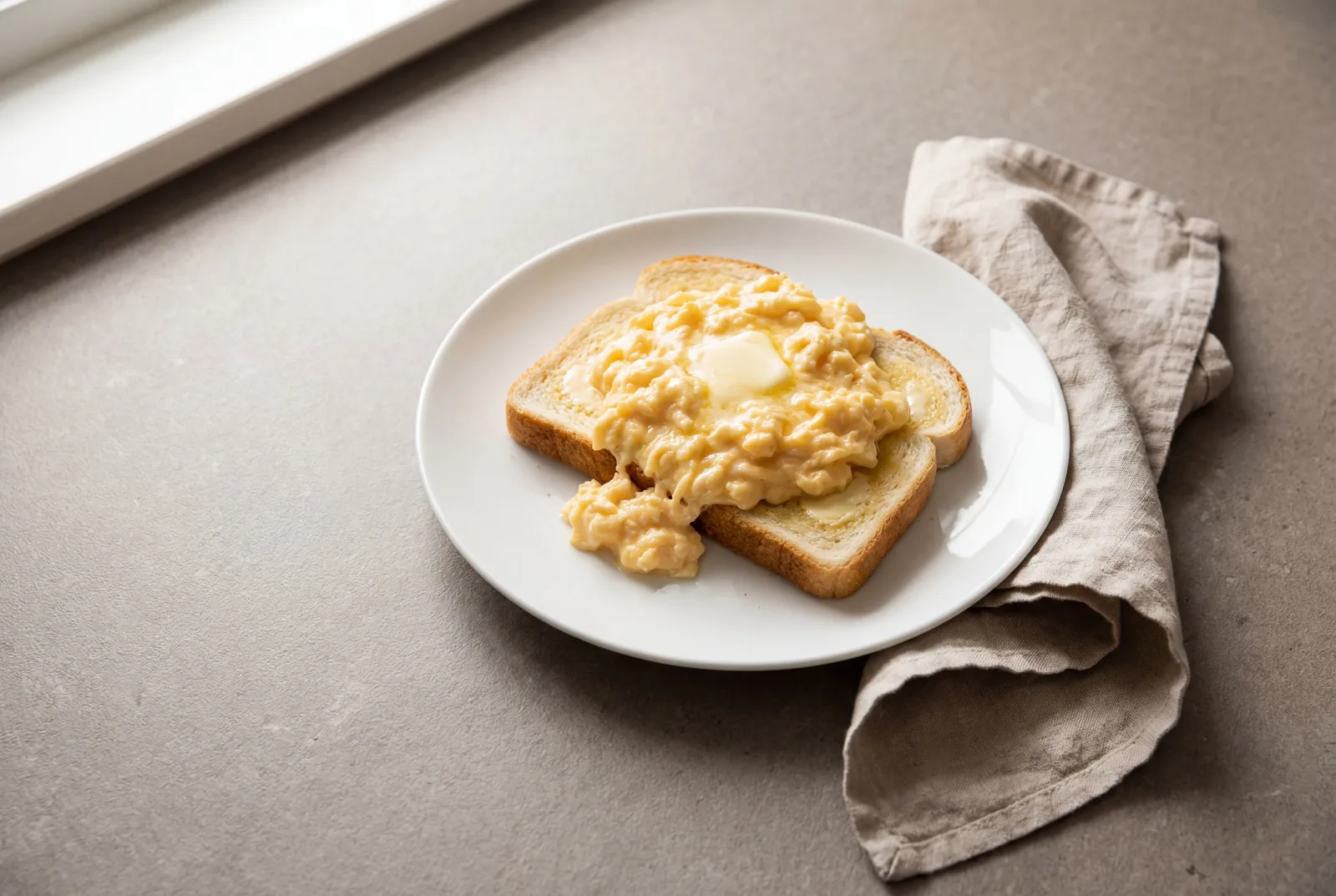 Soft Scrambled Eggs on White Toast